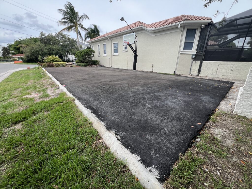 Newly paved asphalt driveway next to a house with palm trees.