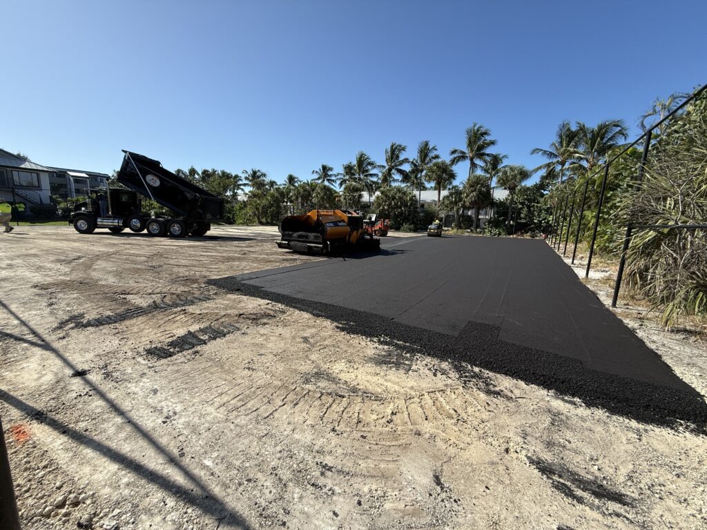 Workers laying fresh asphalt on a sunny day near palm trees.