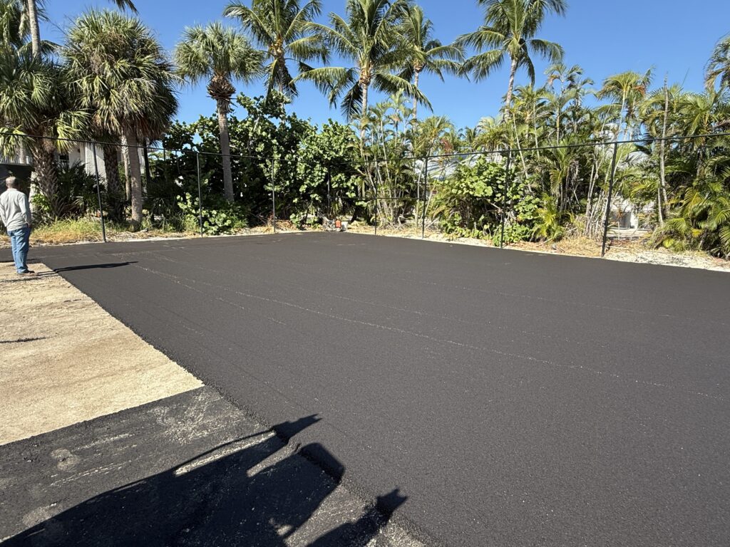Newly paved black asphalt driveway under a clear blue sky with palm trees.